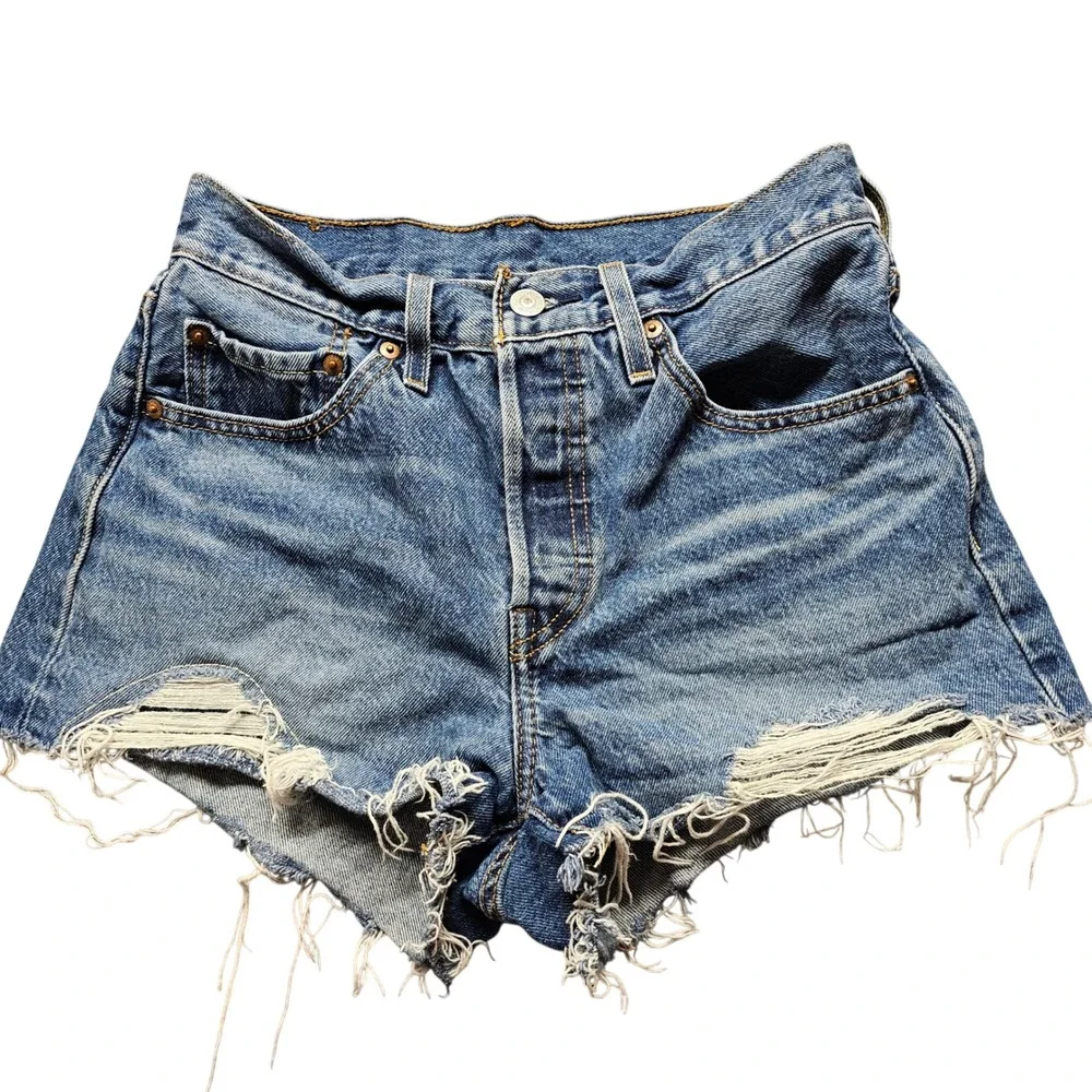 Levi 501 Original Cut Off Denim Shorts Womens Size 26 Blue Distressed High Rise